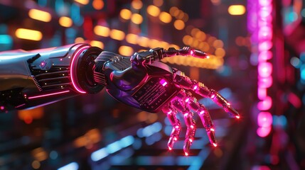 Poster - Futuristic robotic hand with neon lights in a high-tech environment, showcasing advanced technology and innovation.