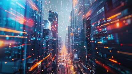 Poster - Futuristic cityscape with glowing lights and digital data streams, showcasing technology and innovation in an urban environment.