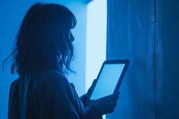 App view beside a shoulder of a girl holding an ebook with a fully blue screen