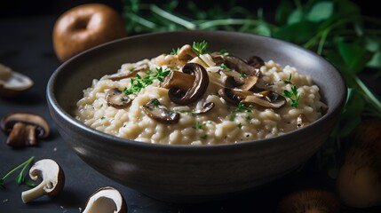 Close up view of appetizing mushroom risotto. 