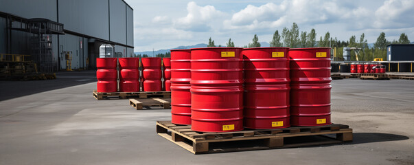 Wall Mural - Red metal barrels containing oil products sitting on pallets in storage area