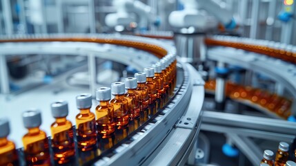 Wall Mural - automated pharmaceutical production line with vials precise robotic arms in motion