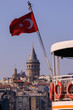 © Tatiana - Turkish flag, on a red background white star and moon. Turkish flag flies in the wind against the backdrop of Istanbul