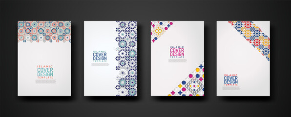 set islamic cover design template with colorful detail and texture of floral mosaic islamic art orna