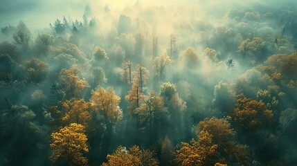 Wall Mural - Aerial View of Mystical Forest in Morning Fog with Ancient Trees and Autumn Hues