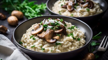 Close up view of appetizing mushroom risotto. 