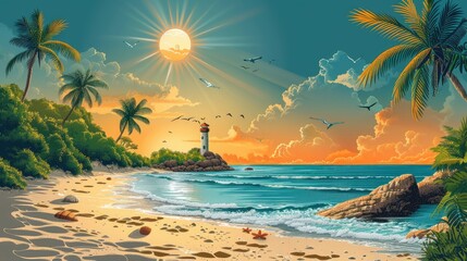 Idyllic Tropical Beach at Sunset with Lighthouse, Palm Trees, and Ocean Waves, Digital Art