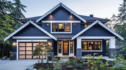 Wall Mural - A modern craftsman's house exterior painted in deep navy blue with a white trim and a sleek garage, surrounded by lush landscaping.