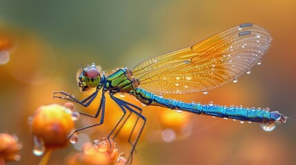 Wall Mural - Vibrant Dragonfly with Dew Drops on a Flower