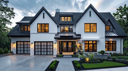 Wall Mural - A sleek white and black craftsman's house with a stylish garage, featuring large windows and modern landscaping.