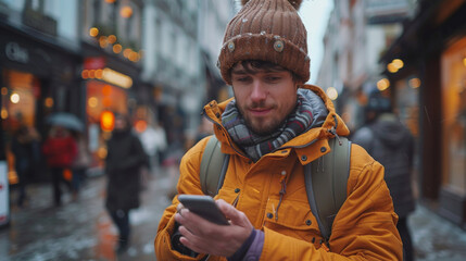 Sticker - Young man wearing winter clothes with a smartphone in his hand, walking in the street. Young bearded guy with modern hairstyle in urban background