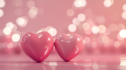 Pink Background with Two 3D Hearts and Bokeh Effect, Valentine's Day, Love Celebration, Pink Romantic Wallpaper with Copy Space.