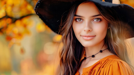 Wall Mural - Portrait of a Woman Dressed Up as a Witch for Halloween, Female in Black Witchy Hat Against Autumnal Trees.