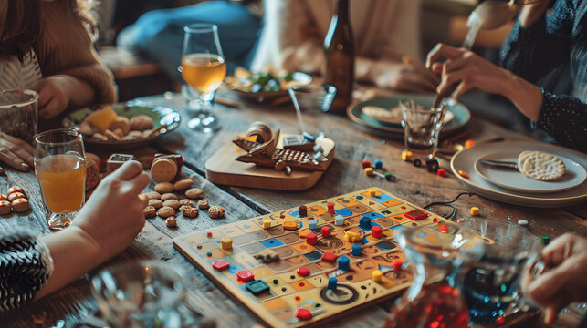 Family game night setup with snacks, drinks, and board game