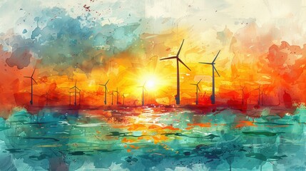 Vibrant watercolor painting of wind turbines at sunset by the sea, illustrating renewable energy and sustainable power.