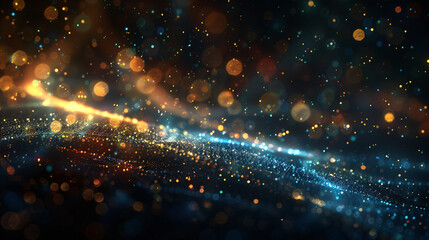 Poster - Abstract background with glowing particles flowing in a curve and forming bokeh lights