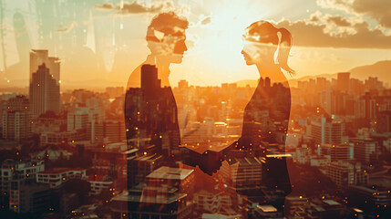 Poster - Two professionals exchanging greetings against a city skyline at sunset
