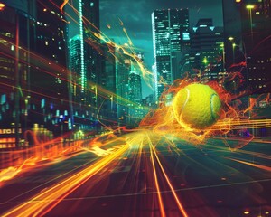 Poster - Fiery tennis ball blazes through neon cityscape, leaving burning trails in urban environment