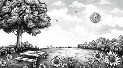 The image shows a beautiful park with a tree, a bench, and a field of sunflowers. The sky is clear with a few clouds and the sun is shining. The image is in black and white.