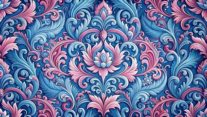 intricate blue and pink wallpaper pattern captures attention with vibrant colors, swirling shapes, a