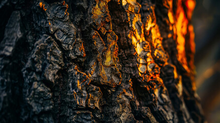 Close up image capturing the intricate details and rich textures on the bark of an ancient oak tree in soft ambient light.