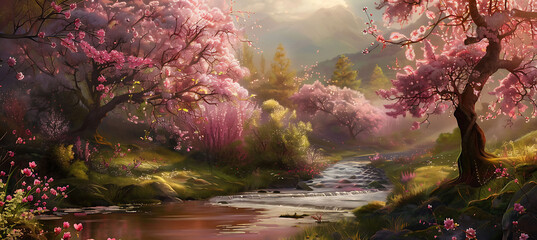 Wall Mural - Early spring scene with a cherry blossom tree in full bloom beside a gently flowing stream