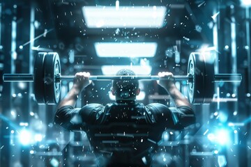 Man lifting heavy barbell in futuristic gym with neon lights and digital effects, showcasing strength training and fitness technology concepts.