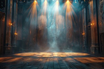 Wall Mural - Moody atmosphere on a dimly lit, empty theater stage with dramatic lighting creating a sense of anticipation and mystery.