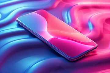 Wall Mural - Smartphone with vibrant pink and blue gradient design, lying on pink and blue glossy wavy surface.