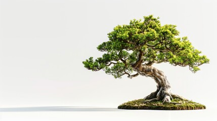 White background with bonsai pine tree