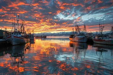 Coastal Commerce, Sunrise at the Harbor: Vibrant Crab Market in Alaskan Waters, United States, as Boats Arrive and Trade Begins with the Morning Light.