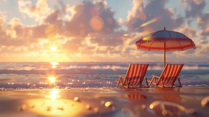 Wall Mural - Sunset Beach Scene with Umbrella and Chairs, Generative AI