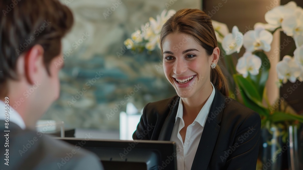 Happy female receptionist in a suit smiling while working at hotel ...