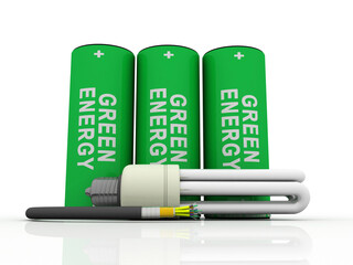 Poster - 3d rendering Fiber optical cable detail connected CFL bulb near green energy battery