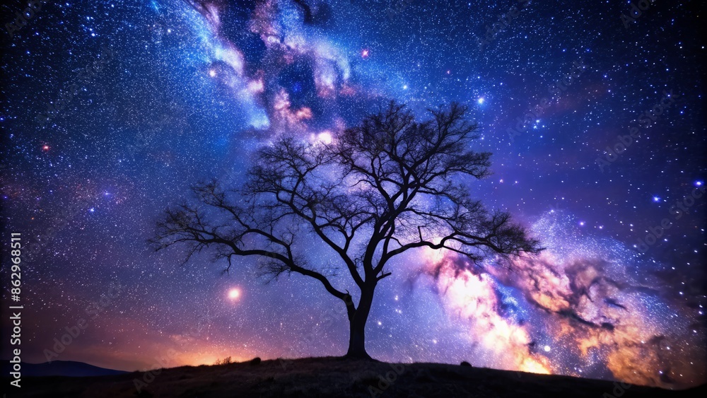 Dark silhouette of a lone tree branch reaches towards a vast starry ...