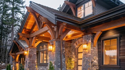 Wall Mural - Close-up of a craftsman home's wooden beams and stone columns, illuminated by soft exterior lighting.