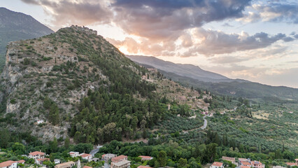 Wall Mural - Aerial panoramic view of Sparta city with Taygetus mountains and ancient ruins remains in Peloponnese, Greece