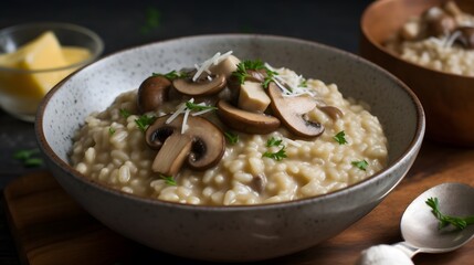 Close up view of appetizing mushroom risotto. 