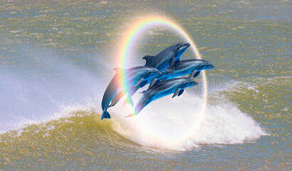 Poster - Group of dolphins jumping up from the sea amazing sunset in the background with rounde rainbow