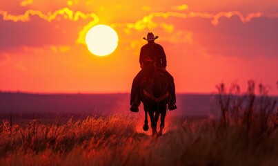 A cowboy is riding off into sunset