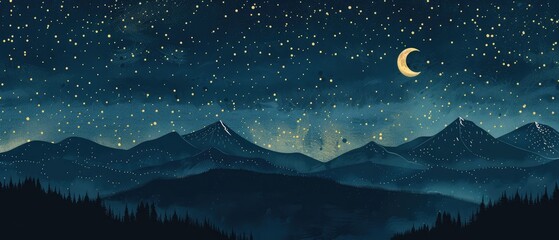 Wall Mural - magical christmas night sky with glittering gold stars and shine of luxury winter celebration in a beautiful dark blue galaxy space background with abstract silhouette of mountain forest landscape