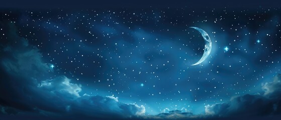 Wall Mural - starry night sky with glowing stars and celestial bodies in a dark blue galaxy space background with abstract nebula clouds and fog in a cosmic landscape