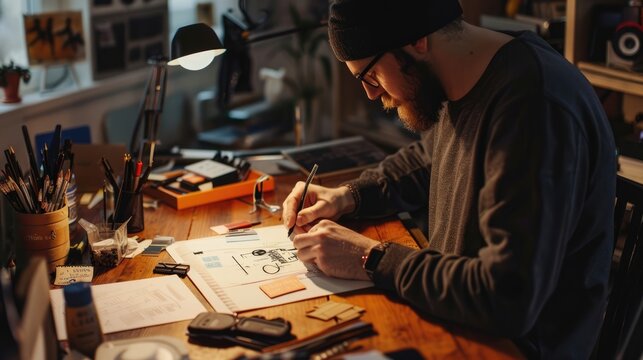 From Concept to Creation: Designer Using Pencil to Sketch a Logo, Showcasing the Artistic Process and Innovation Behind Branding.
