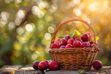 Wall Mural - Basket of Red Plums with a Soft, Bokeh Background