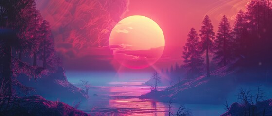 Wall Mural - futuristic landscape with a tranquil river and mountain range under a bright neon moonlight sky with a reflection of a distant planet and galaxy