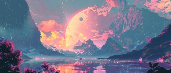Wall Mural - fantasy landscape with a tranquil lake and snow-capped mountain range under a starry night sky with a beautiful galaxy and cosmos background