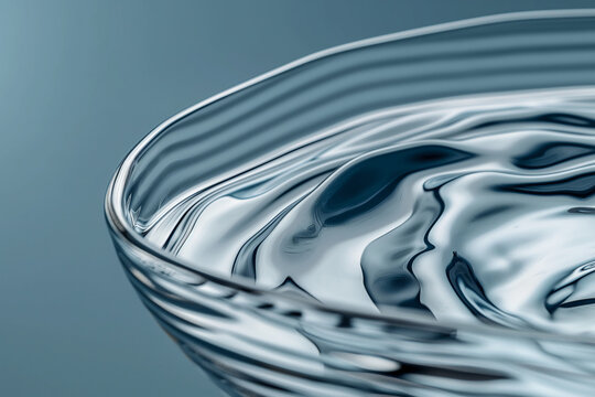 A wavy water surface in a glass fishbowl on a monochromatic blue background. The close-up exploration captures the intricate details of water ripples.