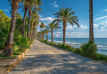 Wall Mural - Palm Tree Lined Pathway Leading to the Beach on a Sunny Day