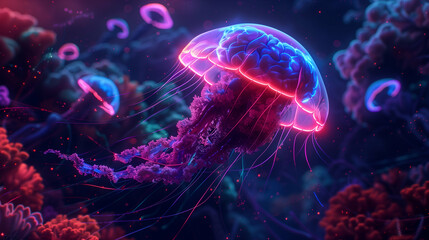 A neon-lit jellyfish gracefully floating in an underwater scene, with a dark, ethereal background highlighting its glowing tentacles.