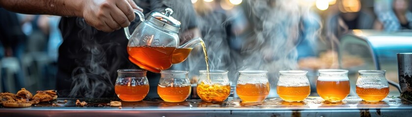 street food vendor pouring hot tea into small cups